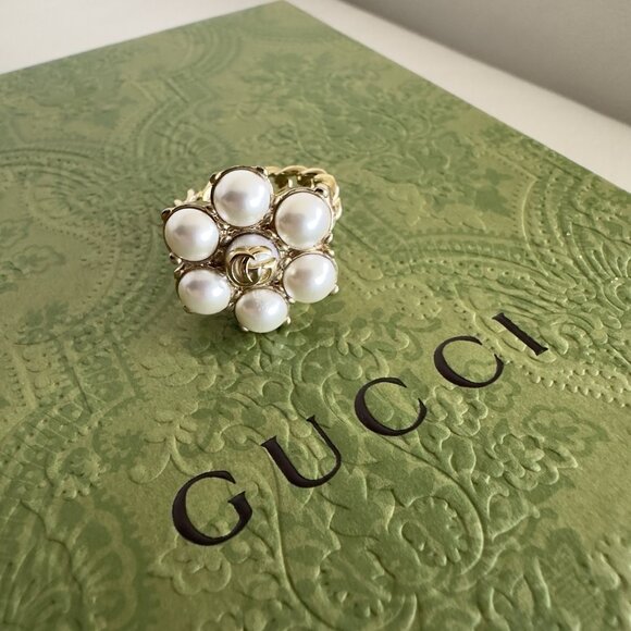 NEW GUCCI Ring Pearl Double G GG Logo Gold Sz L 100% Authentic - Picture 2 of 9